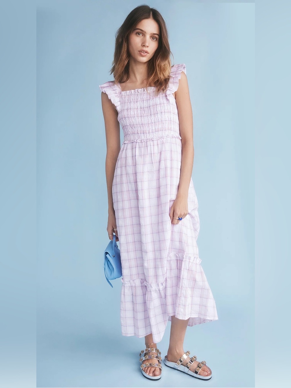 English Factory Pink Plaid Ruffle Smocked Midi Dress Small